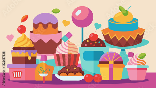 Guests can get their sugar fix at the decorating party with a wide selection of chocolates candies and gummies to adorn their cupcakes with.. Vector illustration