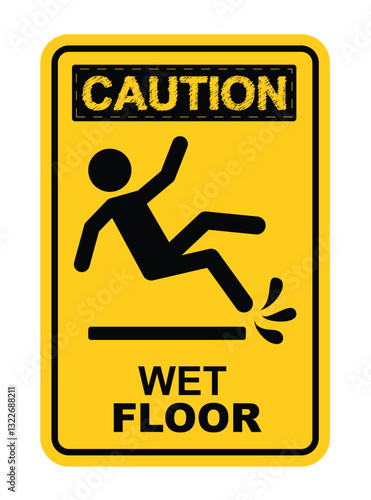 Caution wet floor sign icon clipart. Wet floor slippery warning clip art in yellow signboard for safety maintenance cleanliness signage vector illustration. 
