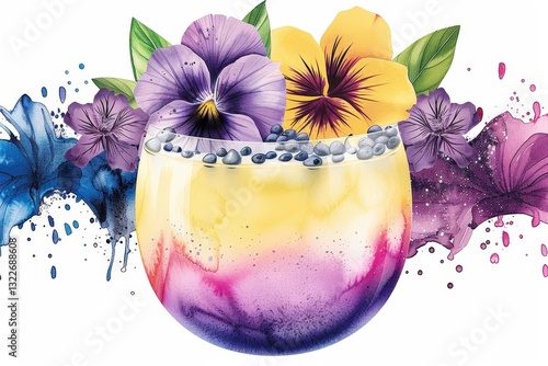 A colorful drink in a glass with purple flowers and blueberries