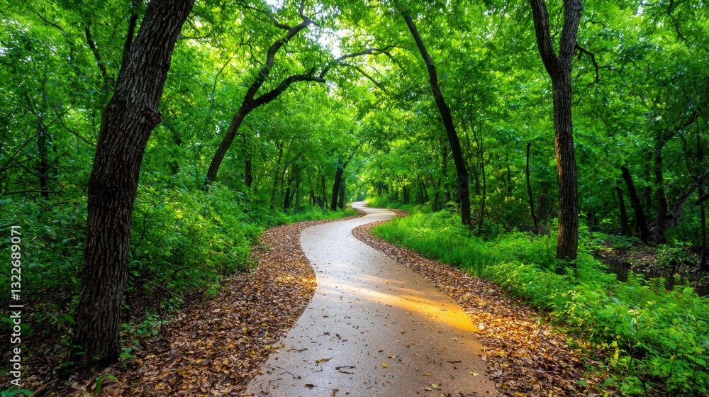 The image captures a winding path cutting through a dense forest of towering trees, their branches reaching out to create a natural canopy overhead The image captures a winding path cutting through a dense forest of towering trees, their branches reaching out to create a natural canopy overhead