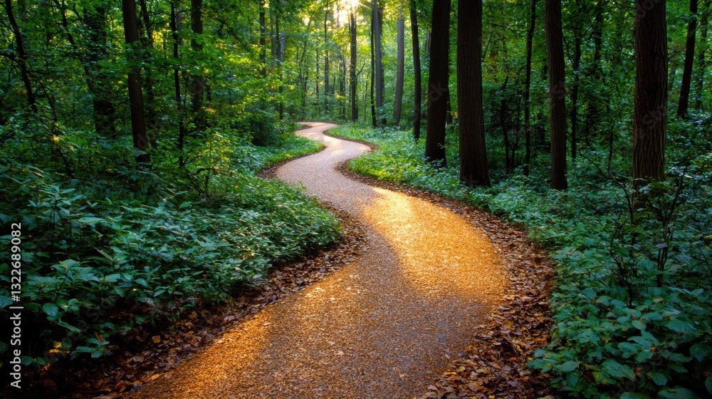Fototapeta premium The image captures a winding path cutting through a dense forest of towering trees, their branches reaching out to create a natural canopy overhead