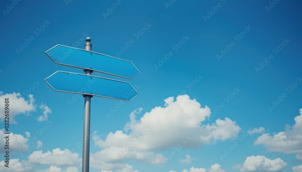Blank Directional Signpost Under a Blue Sky with Fluffy Clouds: A Symbol of Choices and Uncertain Futures Blank Directional Signpost Under a Blue Sky with Fluffy Clouds: A Symbol of Choices and Uncertain Futures
