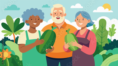 A senior couple proudly show off their large plump zucchini and fragrant herbs to their friends in the community garden.. Vector illustration