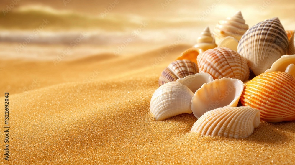 A close up photograph of seashells scattered across a sandy beach, capturing the intricate patterns and textures of each shell against the smooth, golden grains of sand A close up photograph of seashells scattered across a sandy beach, capturing the intricate patterns and textures of each shell against the smooth, golden grains of sand