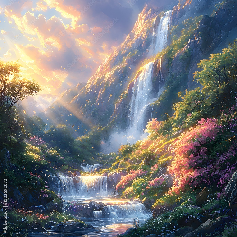 Fototapeta premium Lush Mountain Waterfall Surrounded by Vibrant Wildflowers and Light