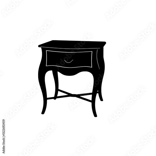 A black silhouette of a one-drawer nightstand with curved legs and an X-shaped stretcher