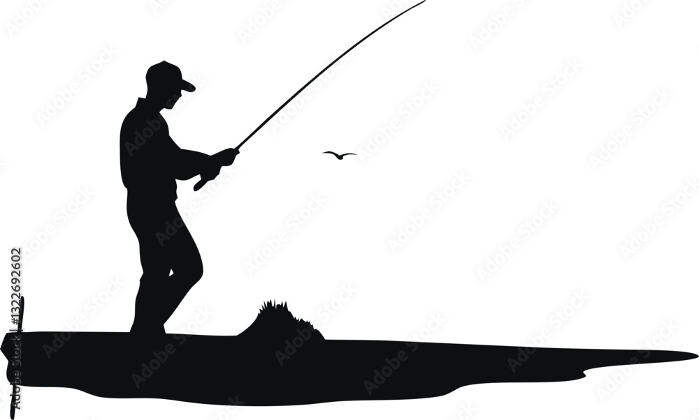 Obraz premium Man fishing from a lake coast, silhouettes. Vector illustration