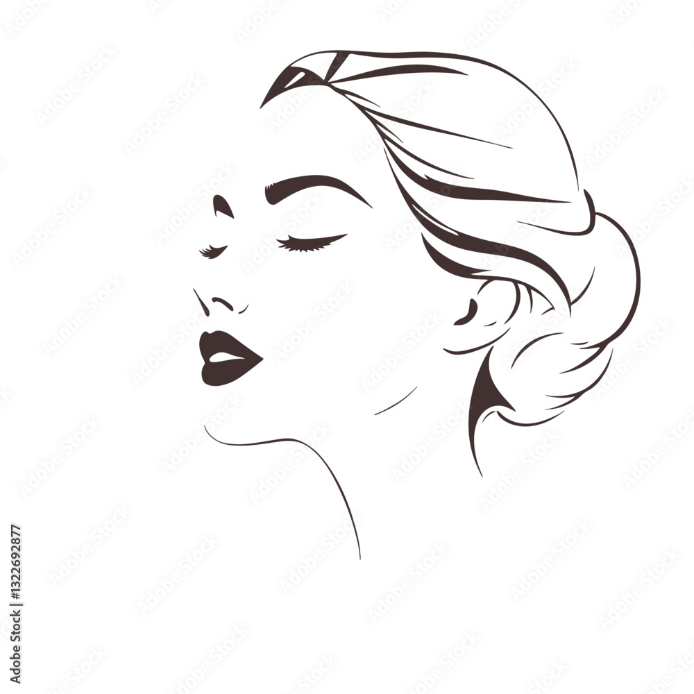 a woman's profile, eyes closed, dark lipstick, hair in an updo. The style is elegant and simple, with a focus on facial features. a woman's profile, eyes closed, dark lipstick, hair in an updo. The style is elegant and simple, with a focus on facial features.