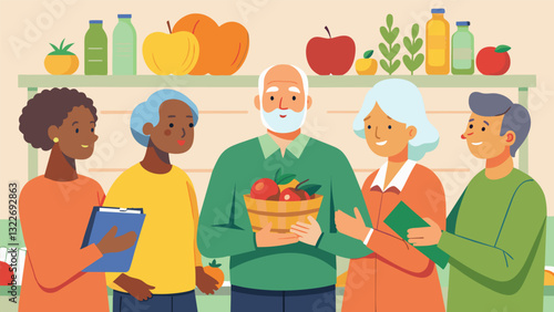 A nutritionistled grocery store tour for seniors showing them how to make healthy choices when shopping for food at the wellness retreat.. Vector illustration