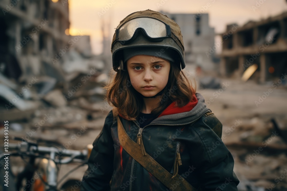 Girl in a helmet with a motorcycle on a background of destroyed buildings Girl in a helmet with a motorcycle on a background of destroyed buildings