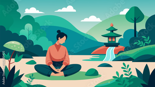 Surrounded by lush greenery a person drifts into a state of tranquility as they tend to their Zen garden letting the stress of the day melt away.. Vector illustration