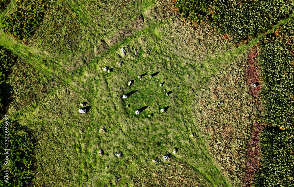 The Druids Circle 4km S of Ulverston, Cumbria. aka Sunbrick, Birkrigg Common. Damaged. Bronze Age double circle. Cremation site. North at 11 o’clock