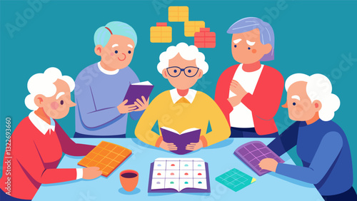 A room full of seniors intently focus on completing a crossword puzzle their brains firing on all cylinders as they tackle the challenging clues.. Vector illustration