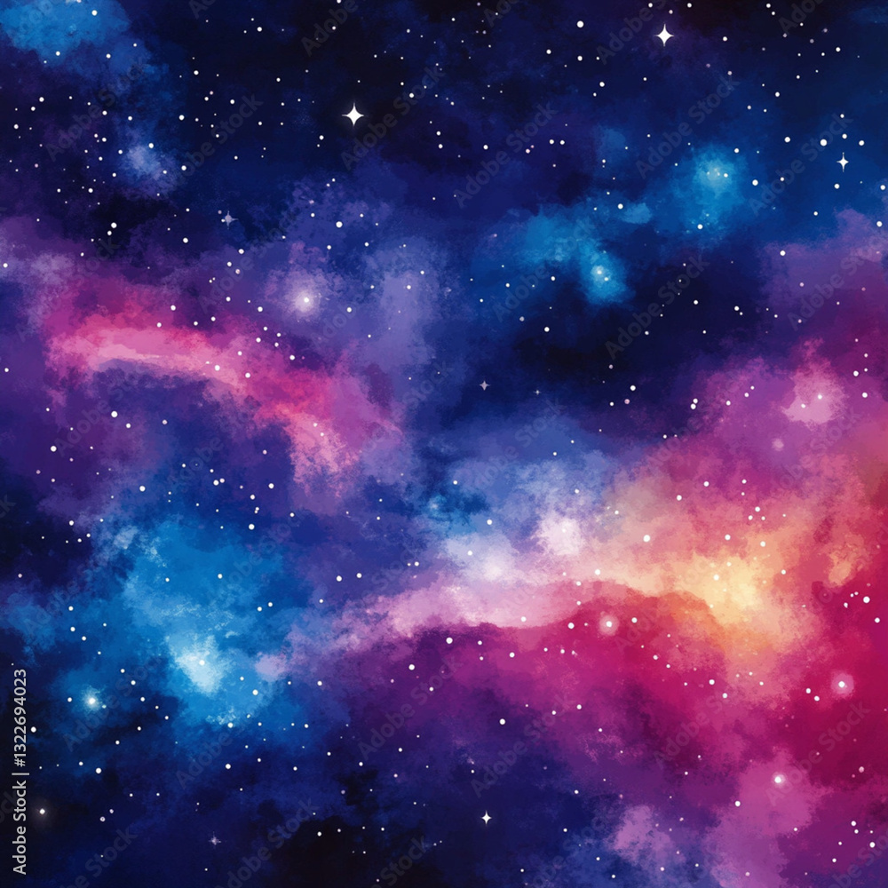 Naklejka premium Vibrant Cosmic Watercolor Background with Stars and Galactic Magic, Generative AI