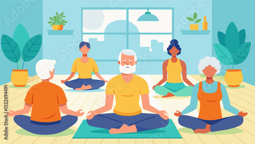 A room filled with natural sunlight as seniors practice mindfulness meditation paying attention to their breath and surroundings.. Vector illustration