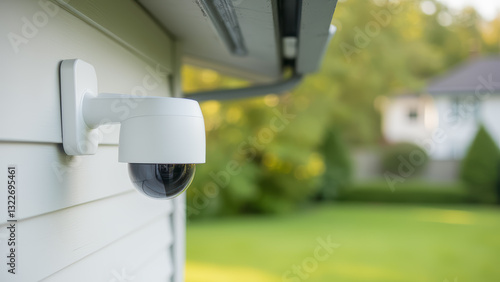 Modern outdoor security camera mounted on house exterior overlooking green lawn and garden area in residential neighborhood