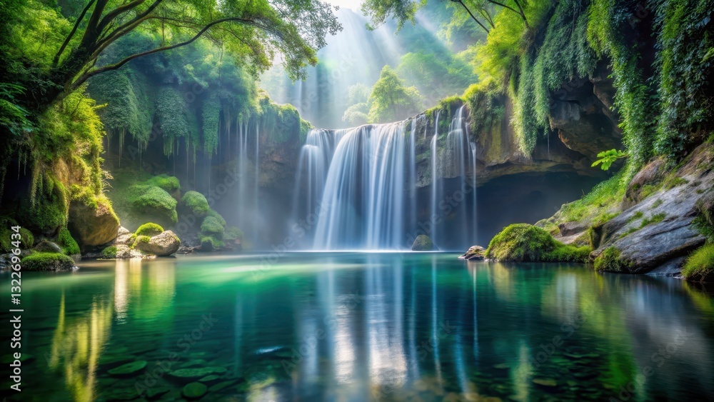 Obraz premium Serene Waterfall Cascading into a Crystal-Clear Pool, Surrounded by Lush Greenery and Bathed in Sunlight