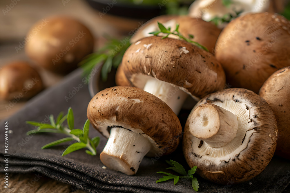 mashroom close up of fresh brown cremini mushrooms with herbs mashroom close up of fresh brown cremini mushrooms with herbs