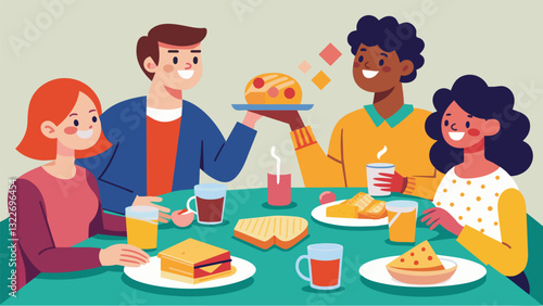 In a nod to childhood nostalgia a group of friends have a nontraditional dinner consisting of grilled cheese sandwiches and tomato soup.. Vector illustration