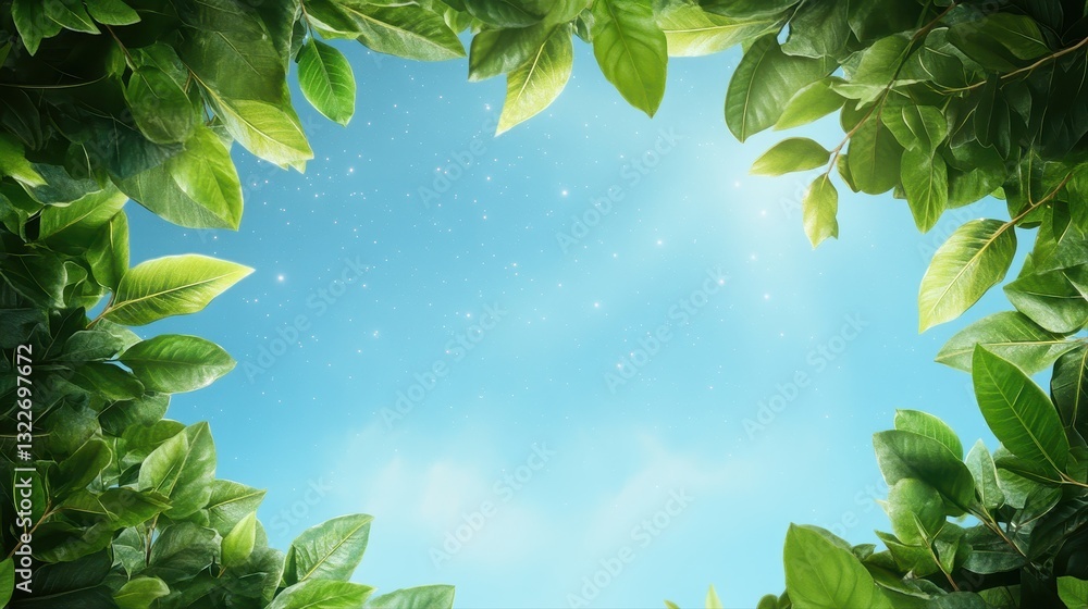 Obraz premium Clear blue sky framed by lush green leaves creating a refreshing and natural environment with vibrant colors