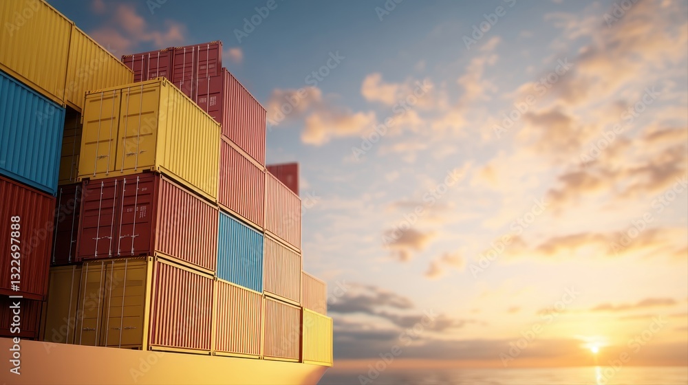Fototapeta premium Container ship at sunset with freight containers being loaded and a dynamic scene of maritime activity in background