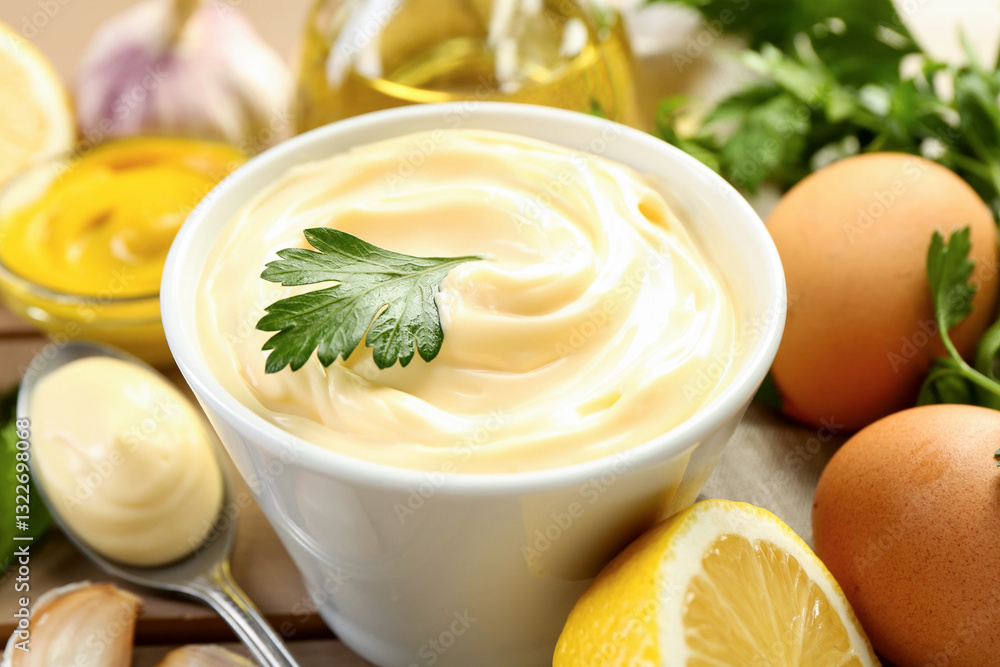 Delicious mayonnaise sauce in bowl and ingredients on table, closeup Delicious mayonnaise sauce in bowl and ingredients on table, closeup