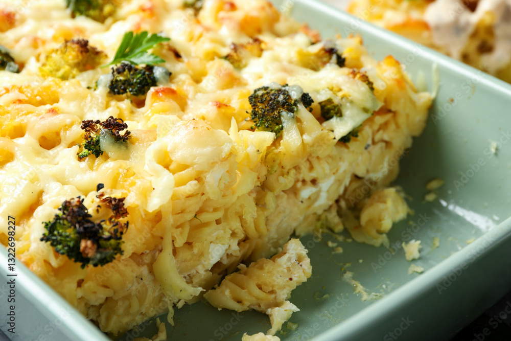 Tasty pasta casserole with cheese and broccoli in baking dish, closeup Tasty pasta casserole with cheese and broccoli in baking dish, closeup
