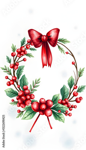 Watercolor Christmas card with wearth. Hand drawing christmas decoration. Winter holiday design. Berry wreath for Christmas greeting card. Nordic postcard, comic art. with white shades