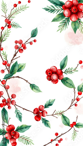 Watercolor Christmas card with wearth. Hand drawing christmas decoration. Winter holiday design. Berry wreath for Christmas greeting card. Nordic postcard, vibrant. with white shades