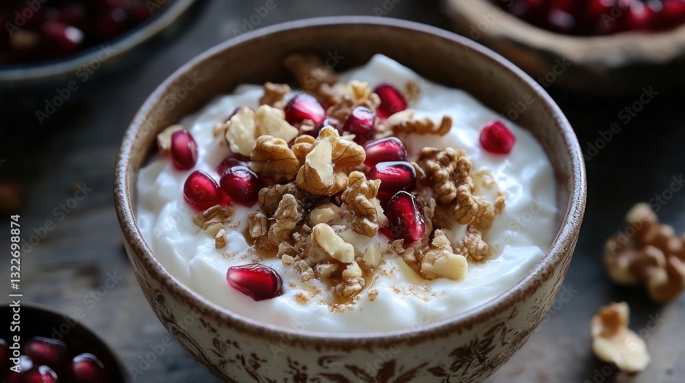 Delicious greek yogurt bowl adorned with honey, walnuts, and vibrant pomegranate seeds Delicious greek yogurt bowl adorned with honey, walnuts, and vibrant pomegranate seeds