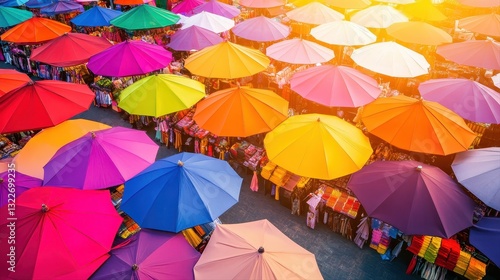 Vibrant crowd of people holding umbrellas in a bustling wholesale market with vendors exchanging goods
