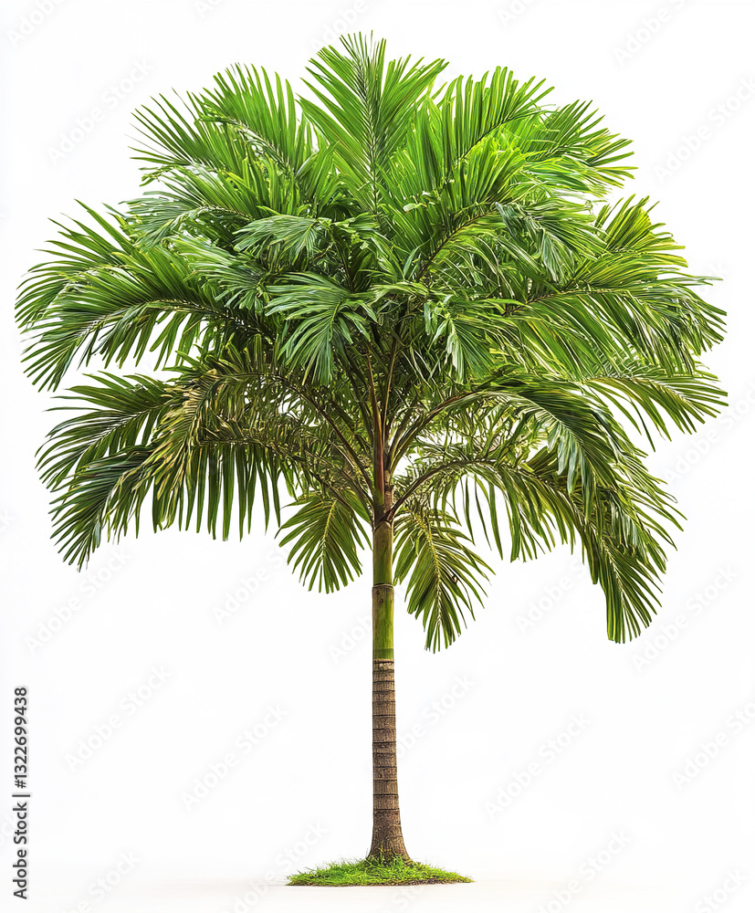 Fototapeta premium Tall palm tree with lush green fronds on white background