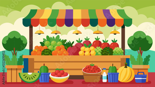 Guests couldnt resist the colorful array of fresh fruits and vegetables at the farmers market all locally grown and organic.. Vector illustration