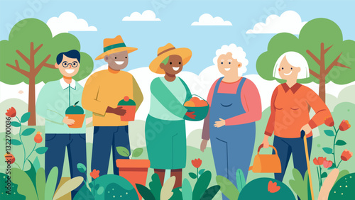 A neighborhood group hosts a regular gardening day where seniors can come together to share their love of gardening and help maintain a community garden.. Vector illustration