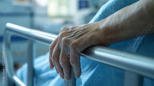 An elderly patient resting their hand on a metal railing