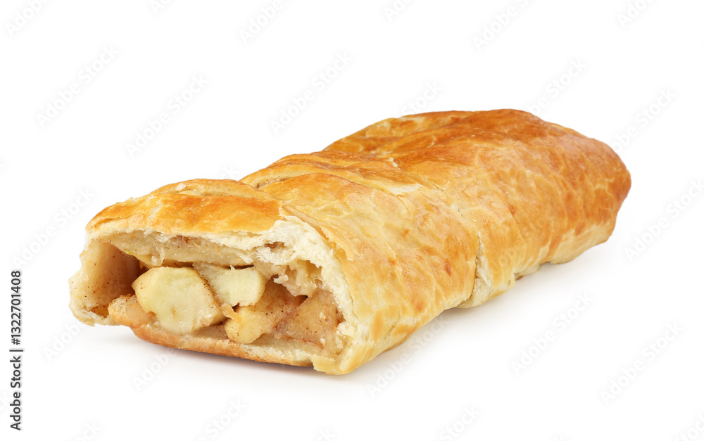 Delicious strudel with apples and powdered sugar isolated on white Delicious strudel with apples and powdered sugar isolated on white