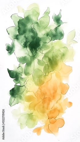 Colorful Watercolor Paintings Suggesting Leaves and Greenery Over White Background