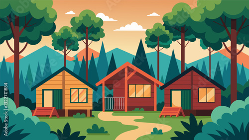 The accommodation consisted of quaint wooden cabins nestled ast the trees each with its own private outdoor space for journaling or simply enjoying the peaceful surroundings.. Vector illustration