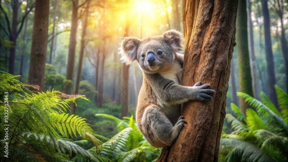 Fototapeta premium A Young Koala Bear Embraces a Tree Trunk in a Sun-Drenched Forest
