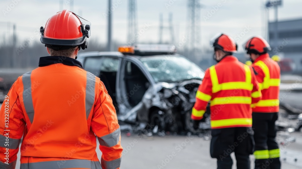 Emergency responders assessing vehicle accident scene with damaged car and safety gear in urban environment Emergency responders assessing vehicle accident scene with damaged car and safety gear in urban environment