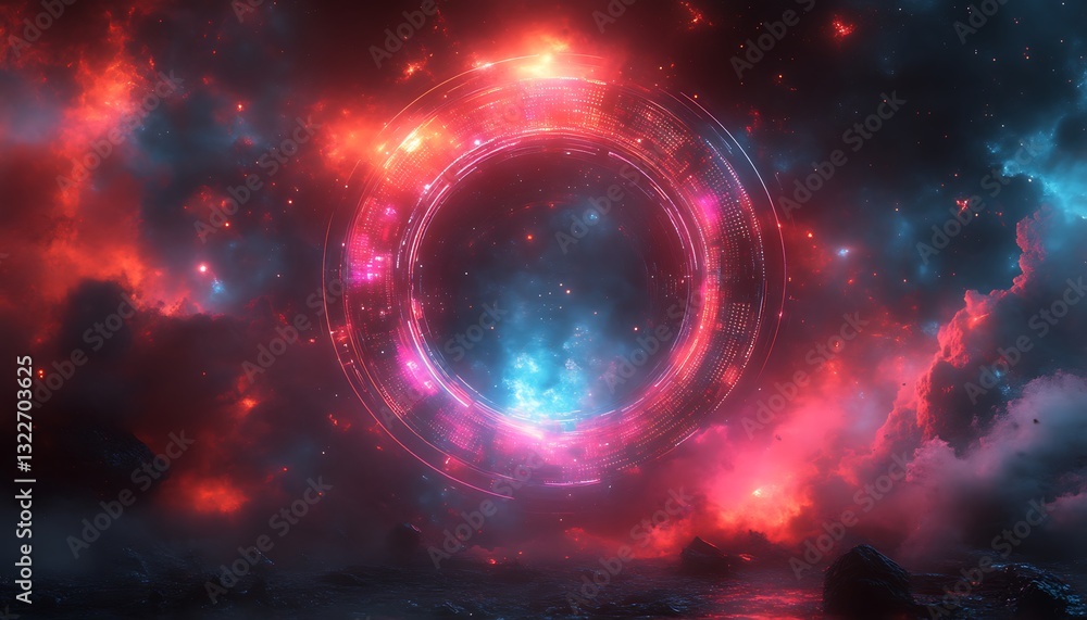 Obraz premium Glowing circular structure with celestial background of clouds and stars