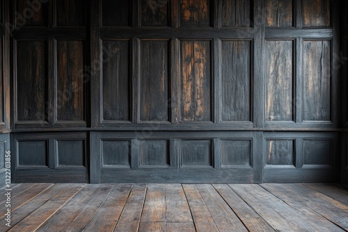 Dark wood paneling room with wooden floor photo