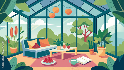 The delicate fragrance of geranium and gfruit creates a refreshing atmosphere in the sunroom perfect for reading and relaxation.. Vector illustration