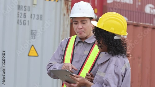 Logistics Team Discussion at Shipping Yard, Engineer man and Businesswoman Inspecting Cargo Operations