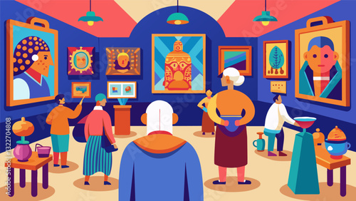 A room filled with vibrant paintings intricate needlework and beautifully sculpted wood carvings all made by talented seniors for the Arts and Crafts Fair.. Vector illustration