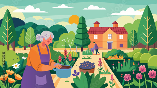 A retirement community garden filled with fragrant herbs and flowers that residents can use for their own aromatherapy treatments.. Vector illustration