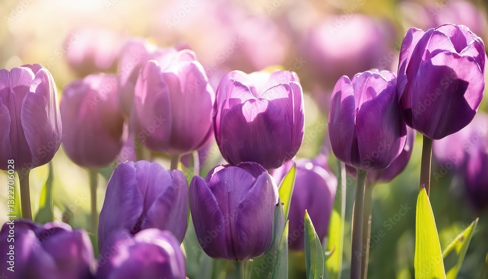 Vibrant Violet Tulips Bloom in Detail amidst a Spring Garden Panorama, Capturing the Essence of Natures Blooming Delight. Vibrant Violet Tulips Bloom in Detail amidst a Spring Garden Panorama, Capturing the Essence of Natures Blooming Delight.