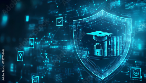 Academic Shield: A digital shield protecting education. Depicting security and knowledge, it reflects the protection and advancement of learning.