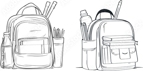  A minimalist line art of a school backpack. illustration, icon, vector. 