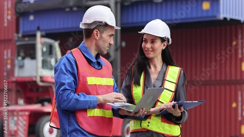 Supervisor in safety gear and engineer in hardhat checking and control loading containers box from shipping yard, Workers collaborating at shipping container cargo